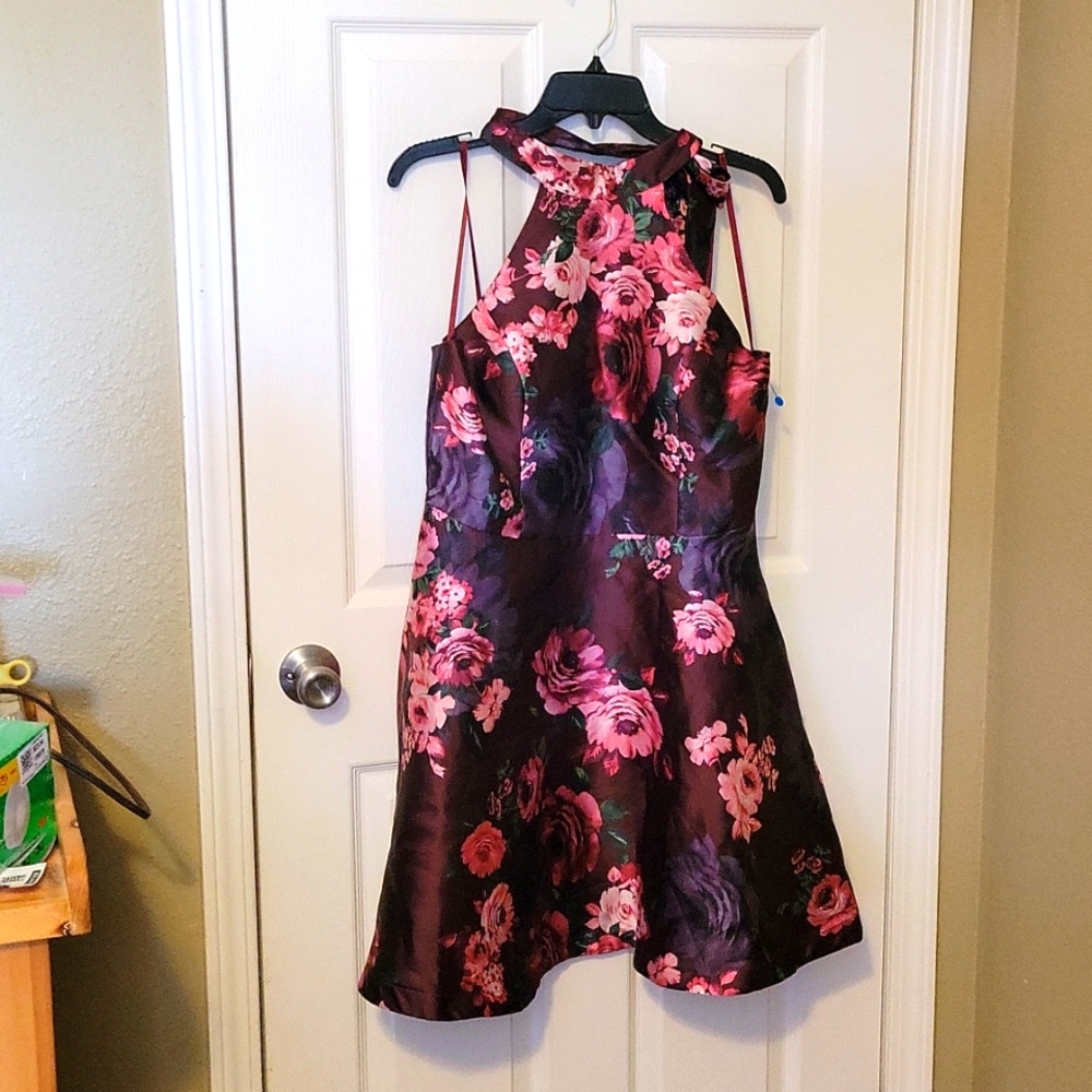 My Michelle Dark Red Floral Halter Dress  Size 15 NWOT